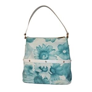 ST JOHN Shoulder Bag Floral Print Aqua White Leather‎ Trim Gold Hardware Italy